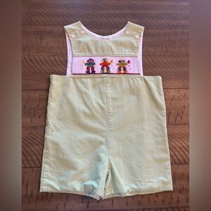 Thanksgiving Light Green Kids Smocked Overalls with Embroidery